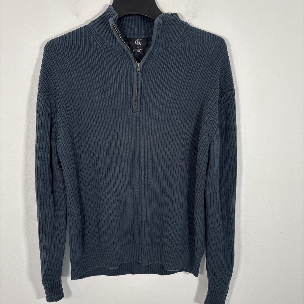 Calvin Klein Ribbed Sweater Mens XL Navy Blue 100% Cotton 1/4 Zip Mock Neck‎